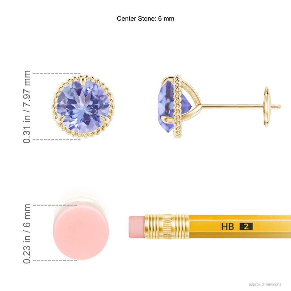 6mm A Rope Framed Claw-Set Tanzanite Martini Stud Earrings in Yellow Gold ruler