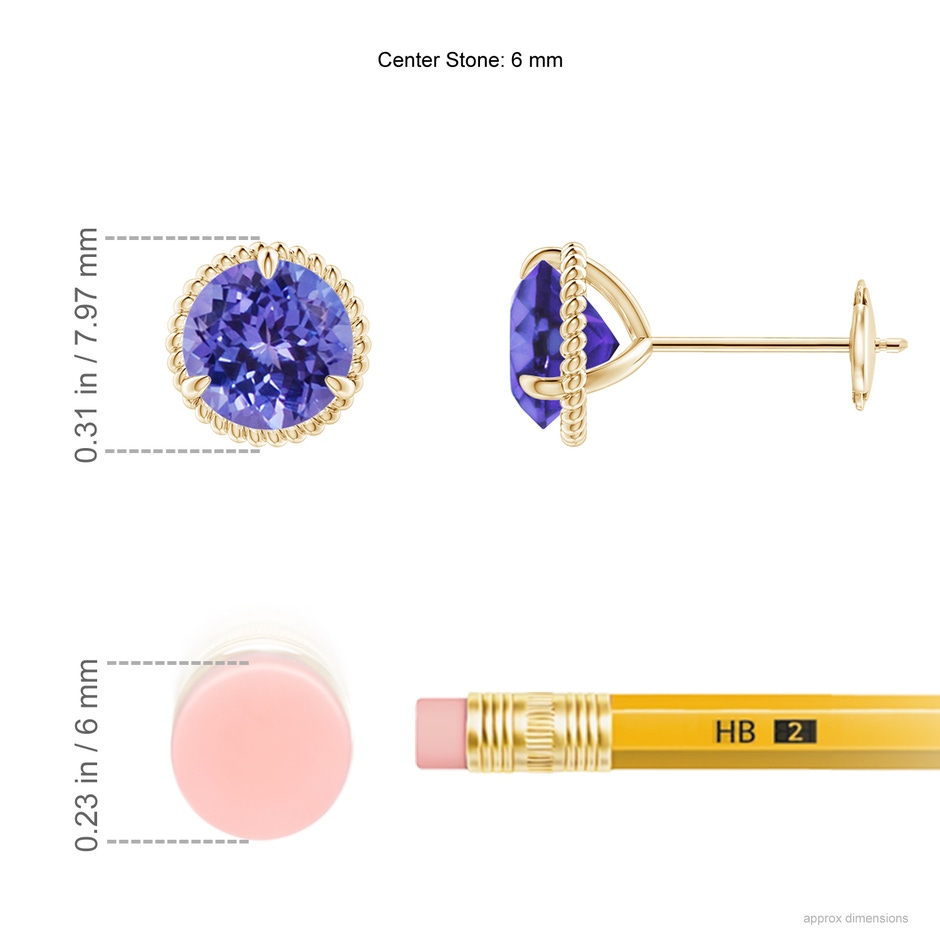 6mm AA Rope Framed Claw-Set Tanzanite Martini Stud Earrings in Yellow Gold ruler