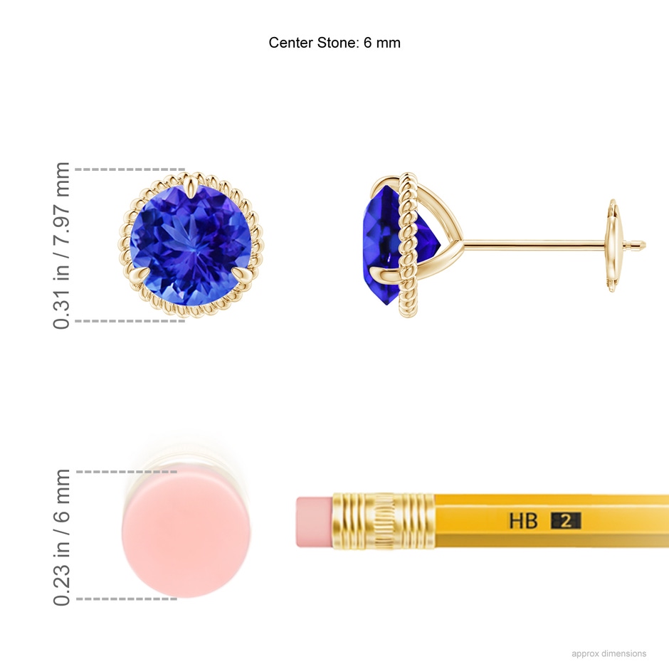 6mm AAA Rope Framed Claw-Set Tanzanite Martini Stud Earrings in Yellow Gold ruler