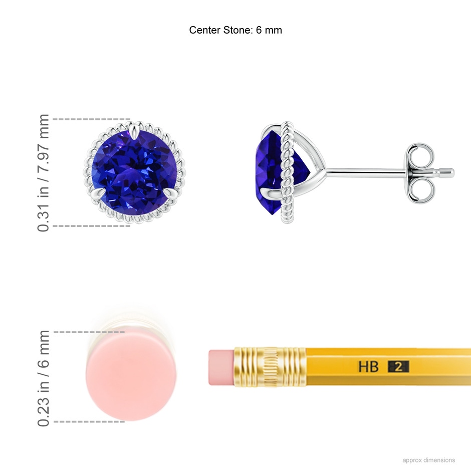 6mm AAAA Rope Framed Claw-Set Tanzanite Martini Stud Earrings in S999 Silver ruler