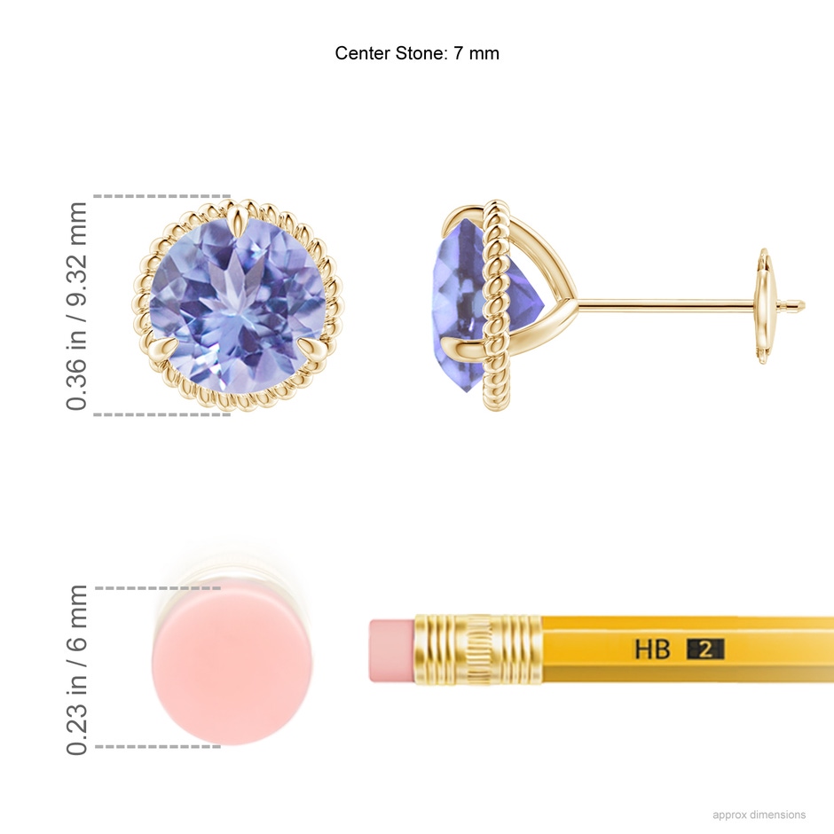 7mm A Rope Framed Claw-Set Tanzanite Martini Stud Earrings in Yellow Gold ruler