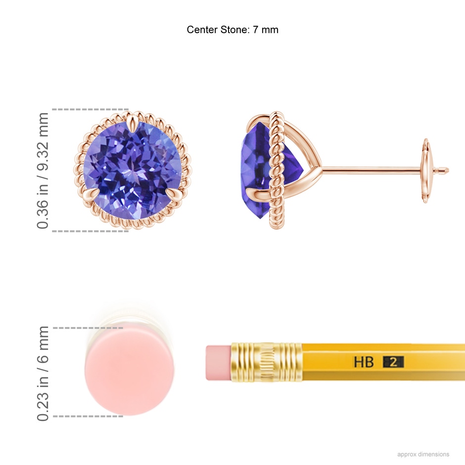 7mm AA Rope Framed Claw-Set Tanzanite Martini Stud Earrings in Rose Gold ruler