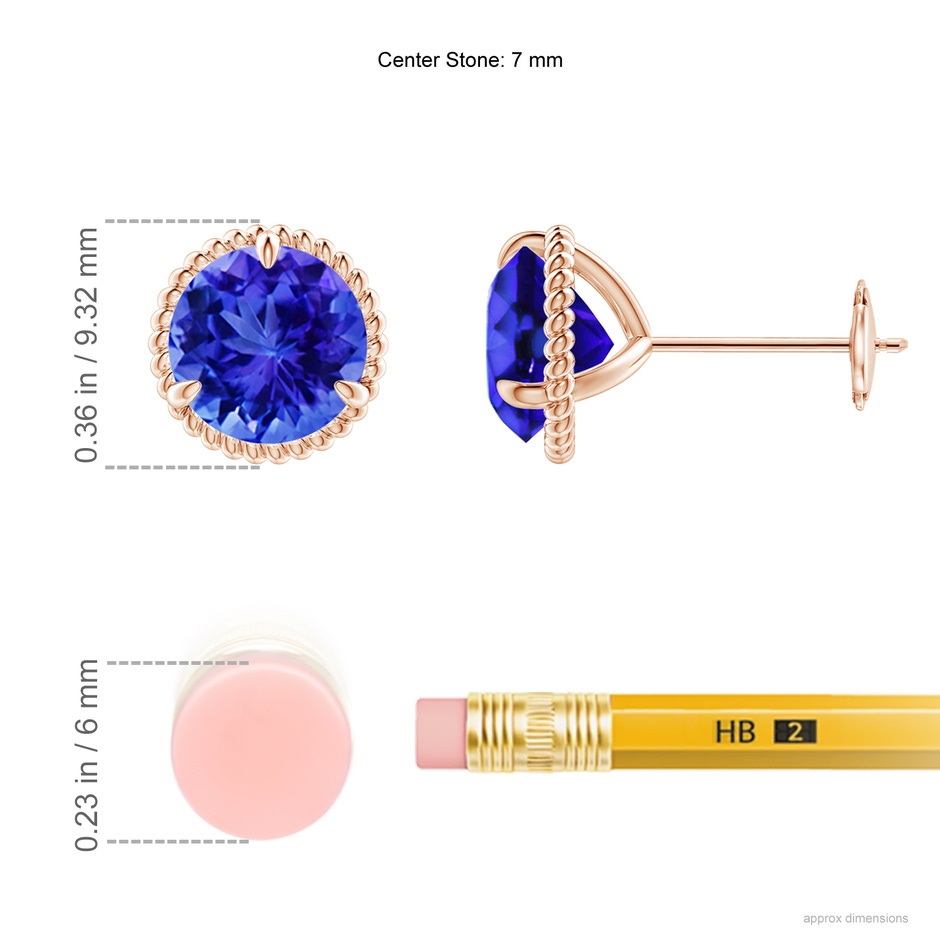 7mm AAA Rope Framed Claw-Set Tanzanite Martini Stud Earrings in Rose Gold ruler