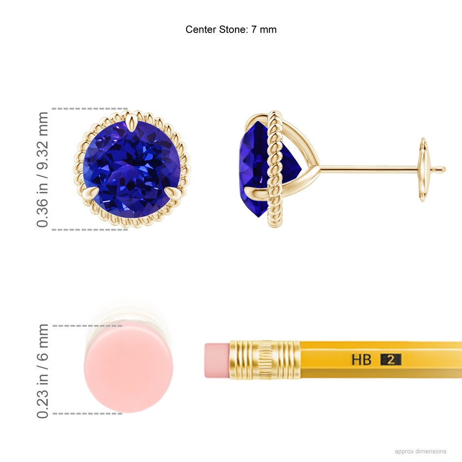 7mm AAAA Rope Framed Claw-Set Tanzanite Martini Stud Earrings in 18K Yellow Gold ruler