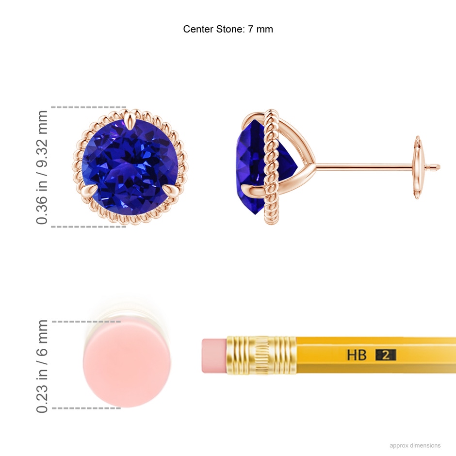 7mm AAAA Rope Framed Claw-Set Tanzanite Martini Stud Earrings in Rose Gold ruler