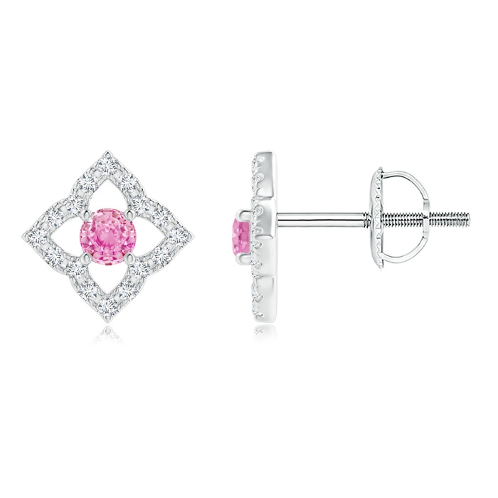 2.5mm A Vintage Inspired Pink Sapphire Clover Stud Earrings in White Gold 