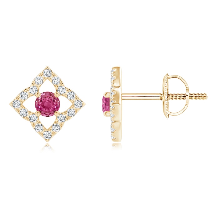 2.5mm AAAA Vintage Inspired Pink Sapphire Clover Stud Earrings in Yellow Gold