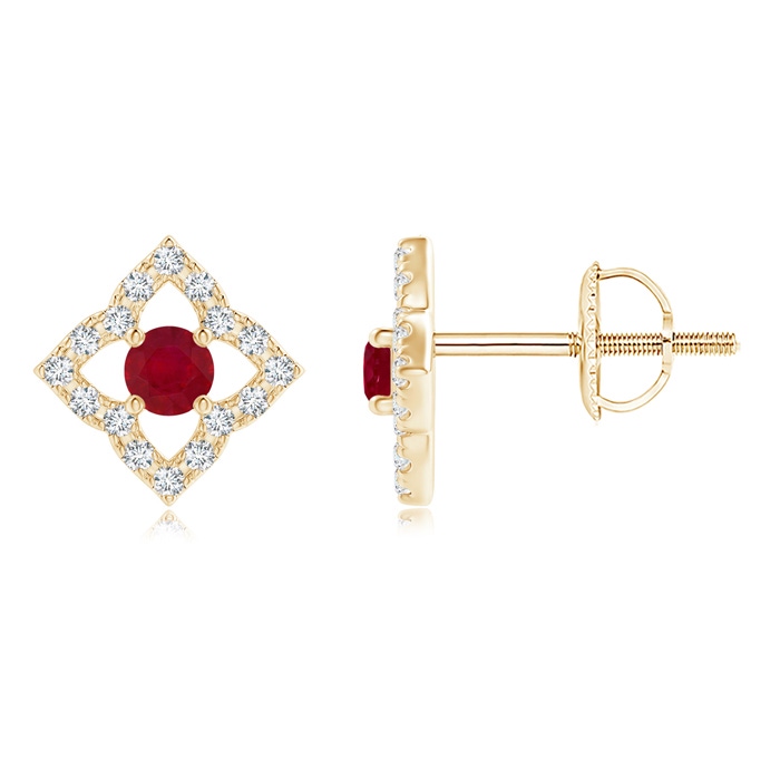 2.5mm AA Vintage Inspired Ruby Clover Stud Earrings in Yellow Gold 