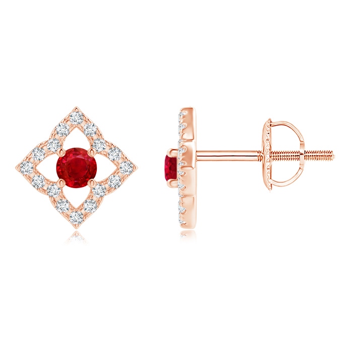 2.5mm AAA Vintage Inspired Ruby Clover Stud Earrings in Rose Gold 