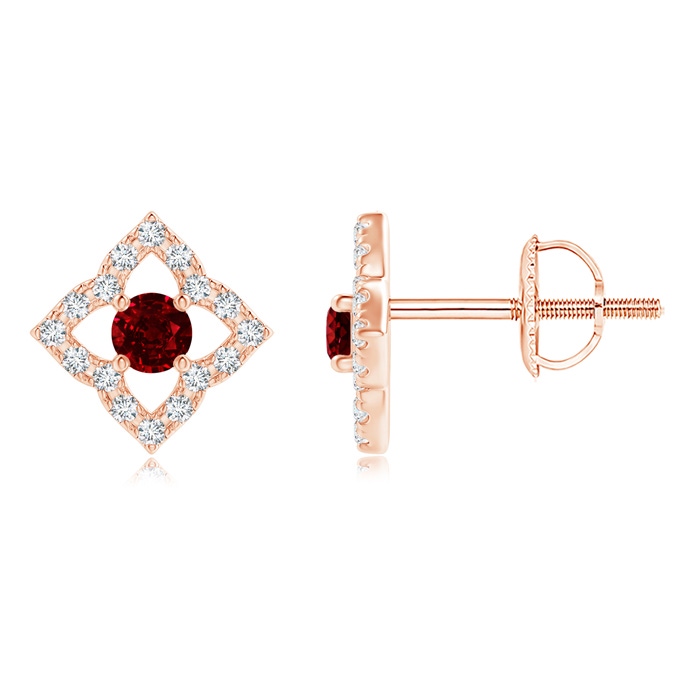 2.5mm AAAA Vintage Inspired Ruby Clover Stud Earrings in Rose Gold