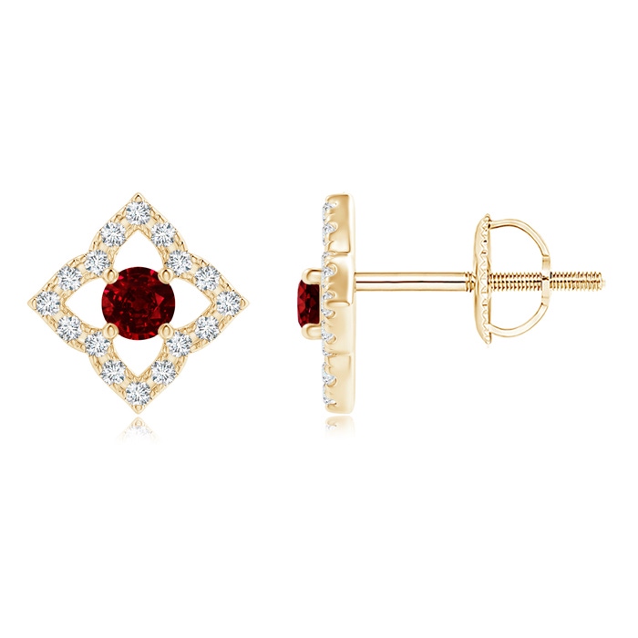 2.5mm AAAA Vintage Inspired Ruby Clover Stud Earrings in Yellow Gold
