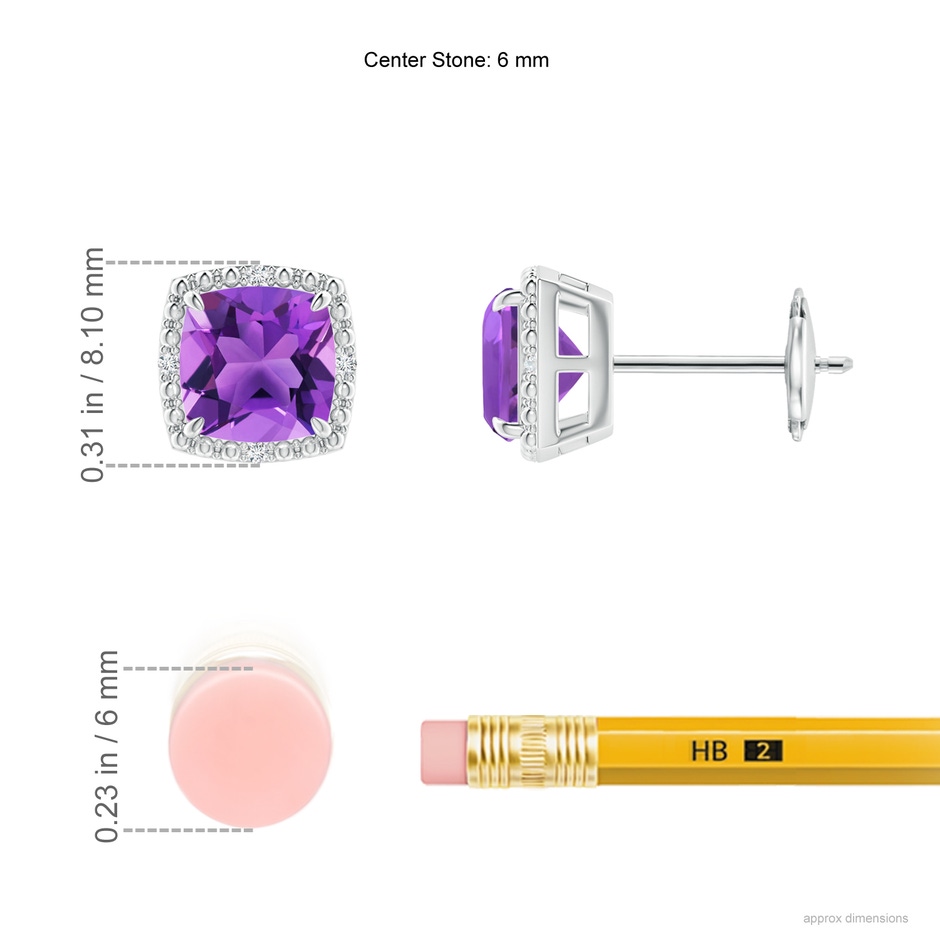 6mm AAA Claw-Set Cushion Amethyst Beaded Halo Stud Earrings in White Gold ruler