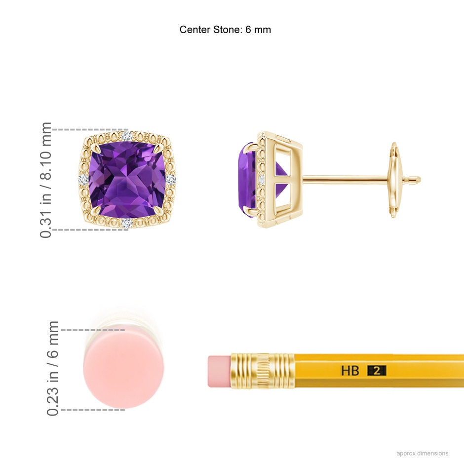 6mm AAAA Claw-Set Cushion Amethyst Beaded Halo Stud Earrings in Yellow Gold ruler