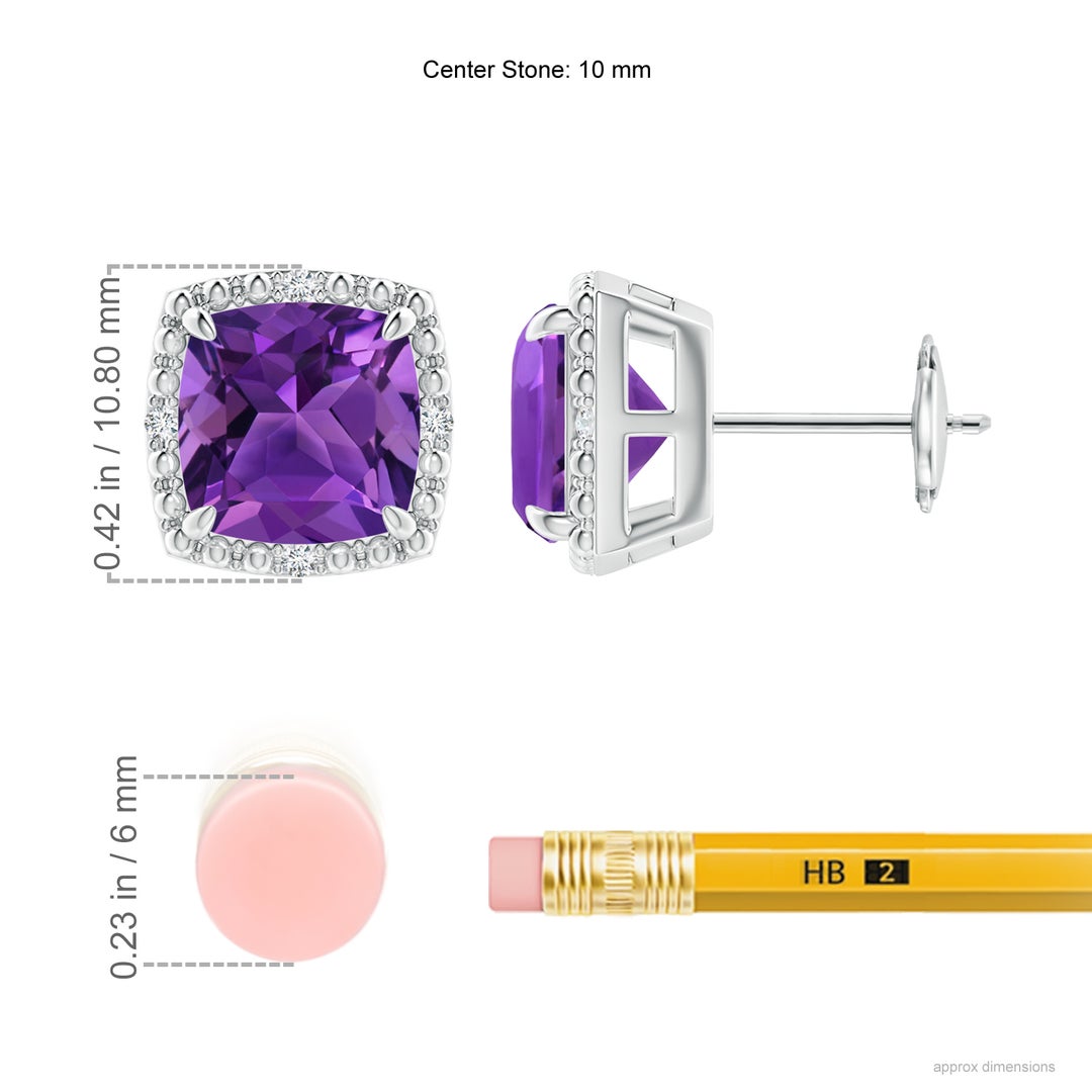 8mm AAAA Claw-Set Cushion Amethyst Beaded Halo Stud Earrings in White Gold - ruler