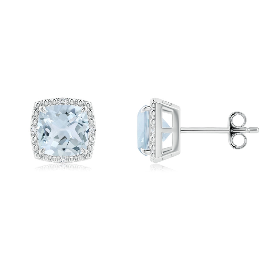 6mm A Claw-Set Cushion Aquamarine Beaded Halo Stud Earrings in S999 Silver 