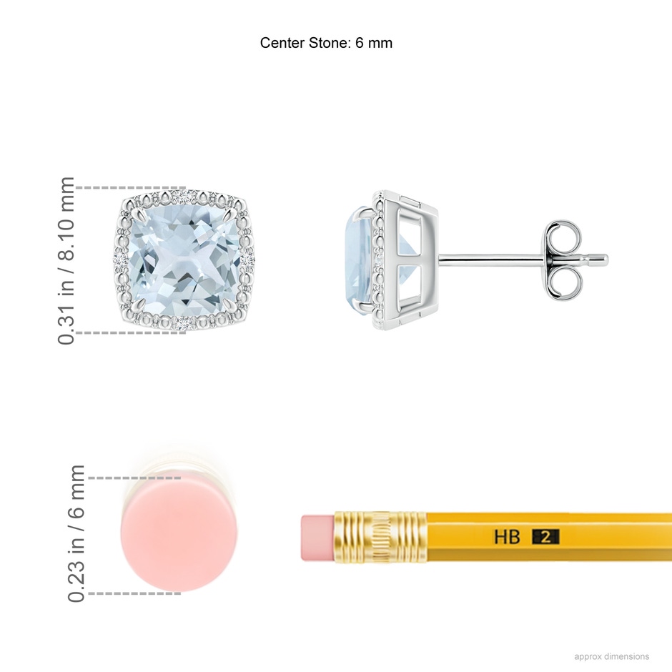 6mm A Claw-Set Cushion Aquamarine Beaded Halo Stud Earrings in S999 Silver ruler