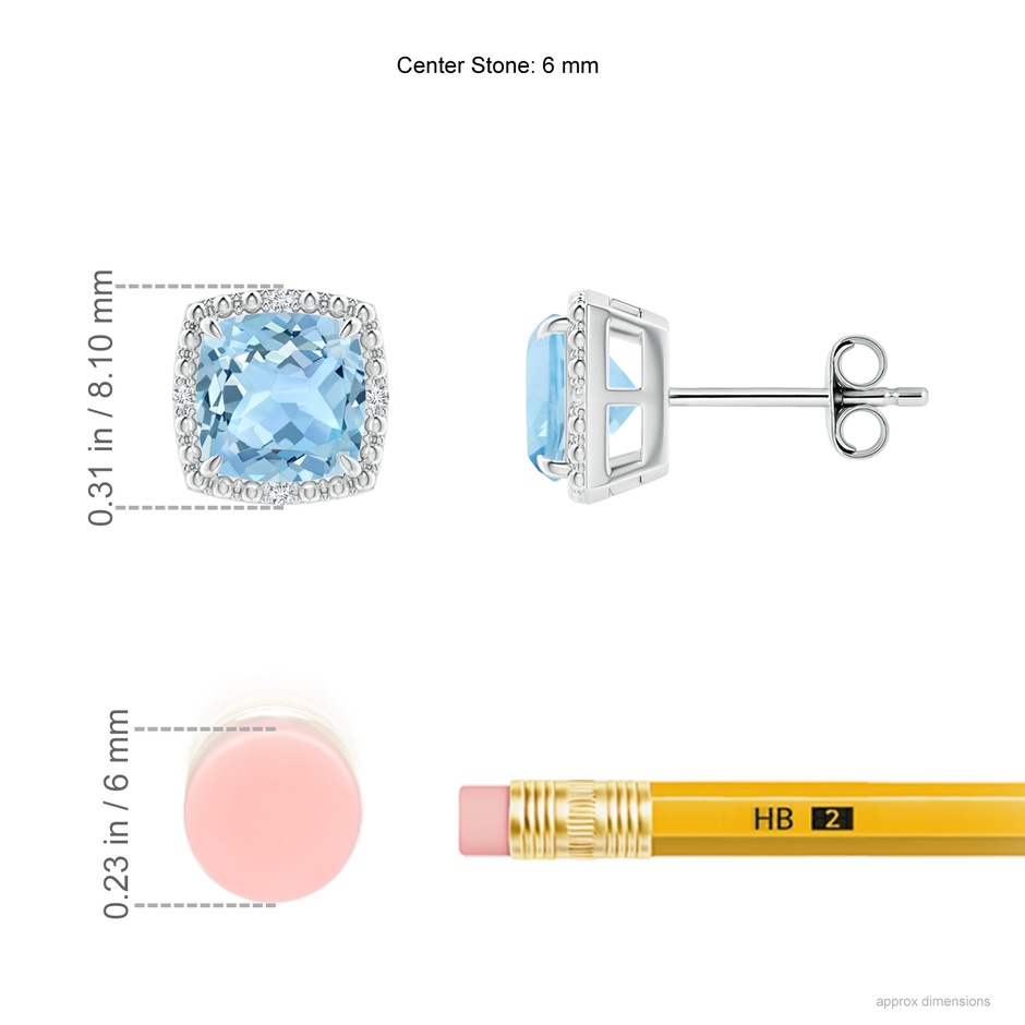 6mm AAA Claw-Set Cushion Aquamarine Beaded Halo Stud Earrings in S999 Silver ruler