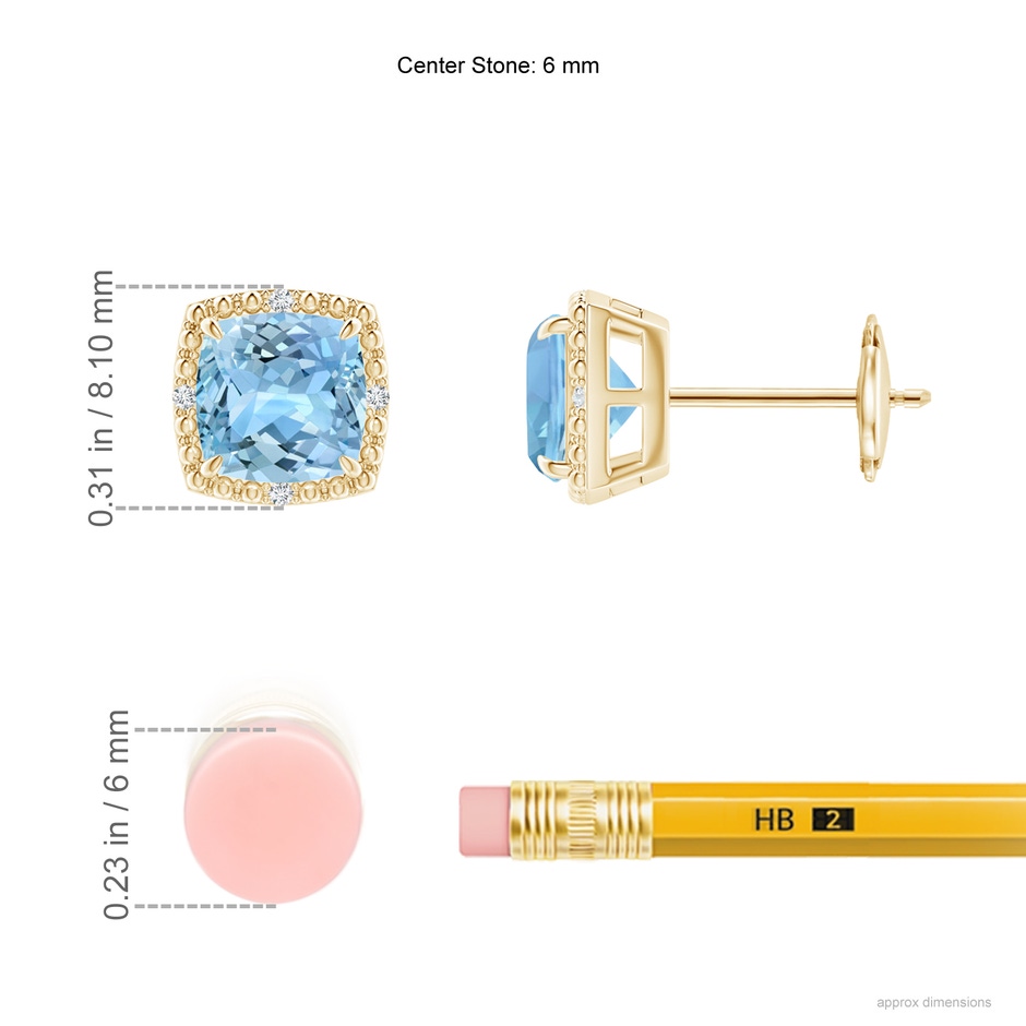 6mm AAAA Claw-Set Cushion Aquamarine Beaded Halo Stud Earrings in Yellow Gold ruler