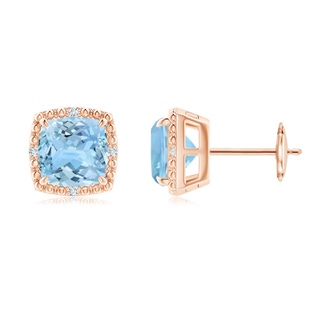 7mm AAAA Claw-Set Cushion Aquamarine Beaded Halo Stud Earrings in 9K Rose Gold