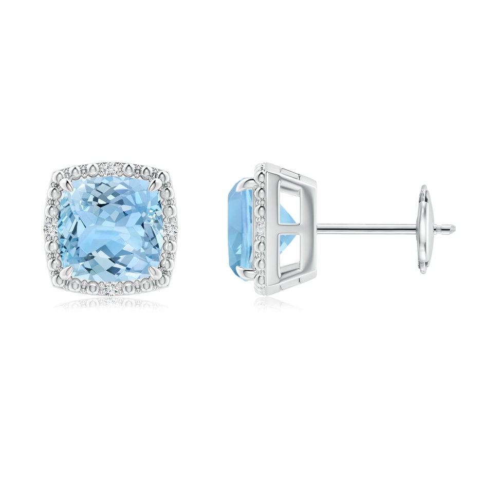 7mm AAAA Claw-Set Cushion Aquamarine Beaded Halo Stud Earrings in White Gold 