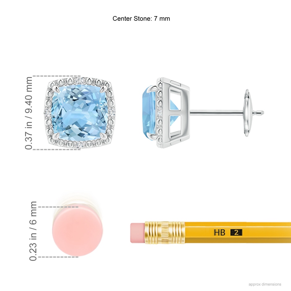 7mm AAAA Claw-Set Cushion Aquamarine Beaded Halo Stud Earrings in White Gold ruler