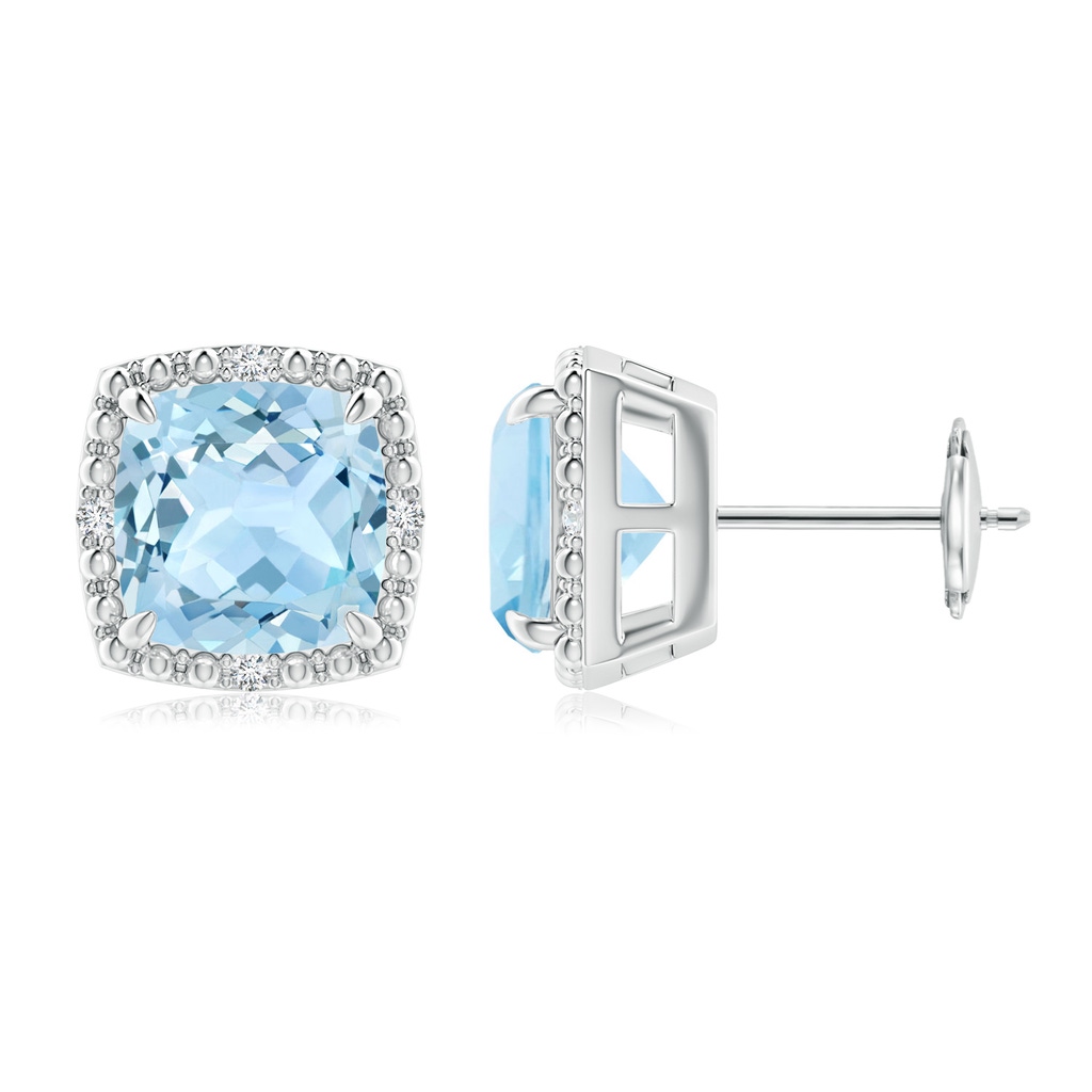 8mm AAA Claw-Set Cushion Aquamarine Beaded Halo Stud Earrings in White Gold