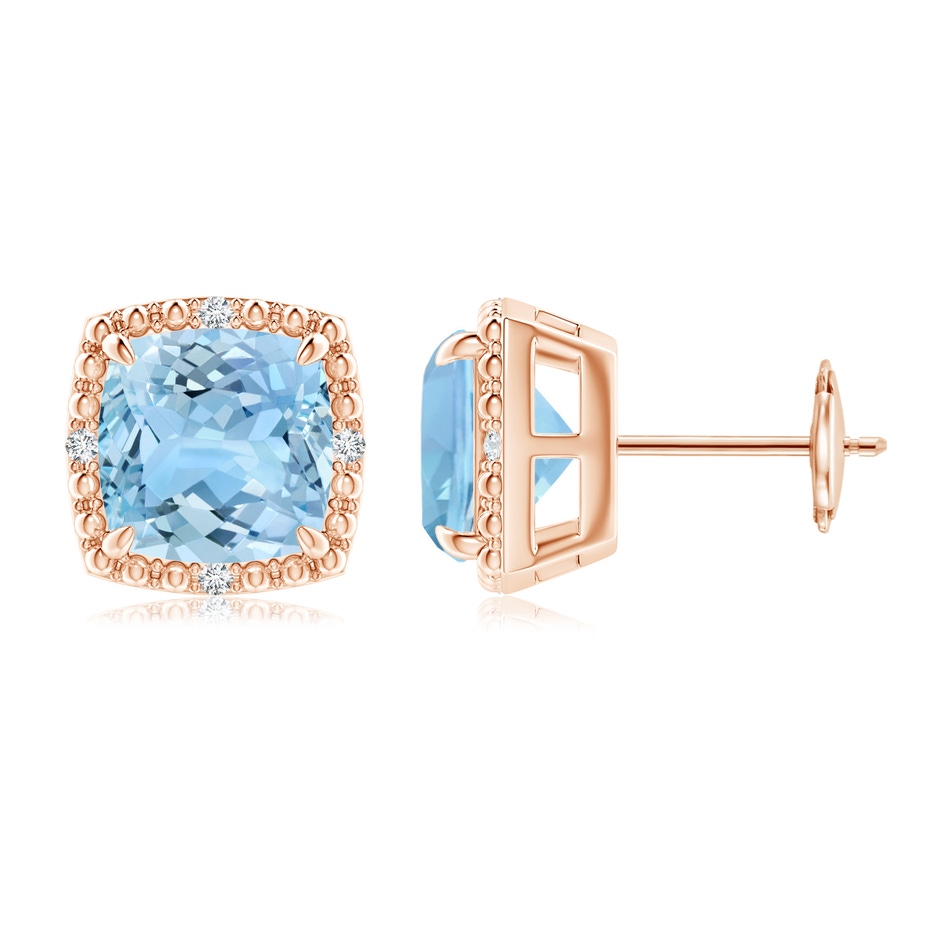 8mm AAAA Claw-Set Cushion Aquamarine Beaded Halo Stud Earrings in Rose Gold 