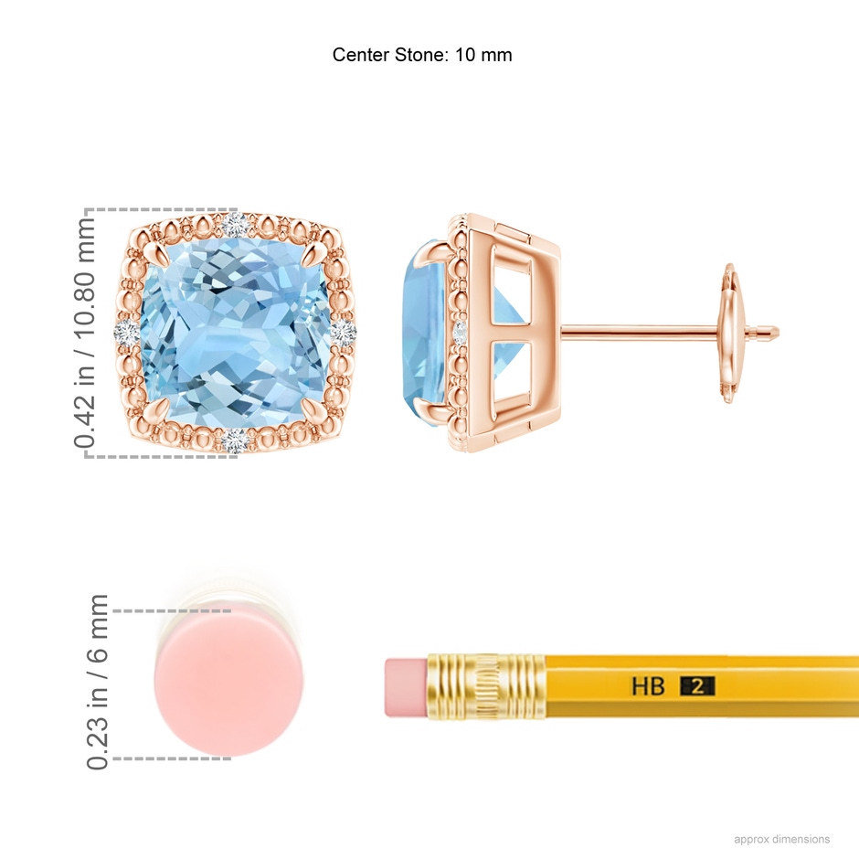 8mm AAAA Claw-Set Cushion Aquamarine Beaded Halo Stud Earrings in Rose Gold ruler