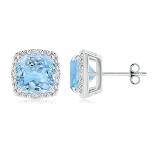 8mm AAAA Claw-Set Cushion Aquamarine Beaded Halo Stud Earrings in S999 Silver