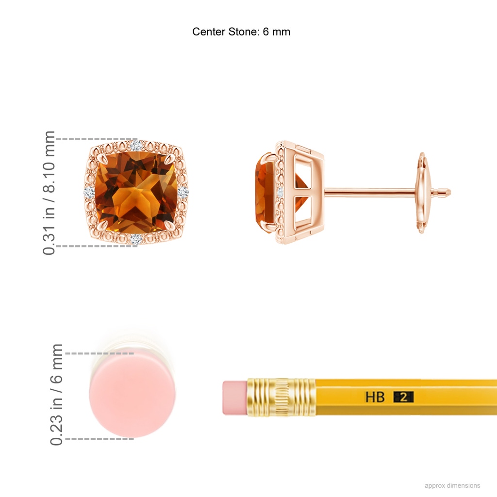 6mm AAAA Claw-Set Cushion Citrine Beaded Halo Stud Earrings in Rose Gold Ruler