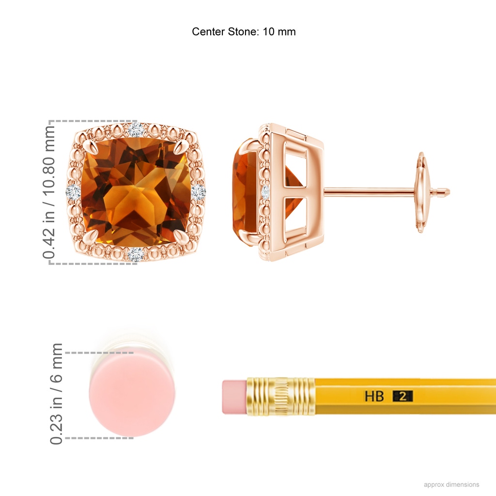 8mm AAAA Claw-Set Cushion Citrine Beaded Halo Stud Earrings in Rose Gold Ruler