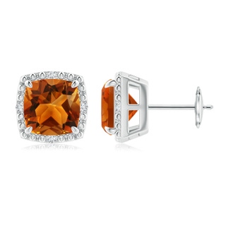 8mm AAAA Claw-Set Cushion Citrine Beaded Halo Stud Earrings in White Gold