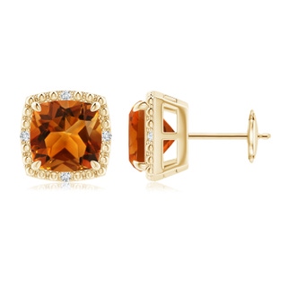 8mm AAAA Claw-Set Cushion Citrine Beaded Halo Stud Earrings in Yellow Gold