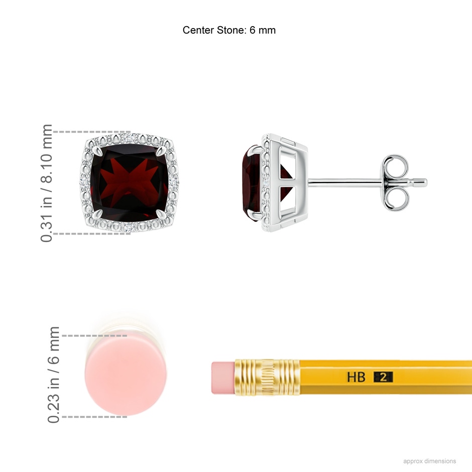 6mm A Claw-Set Cushion Garnet Beaded Halo Stud Earrings in S999 Silver ruler