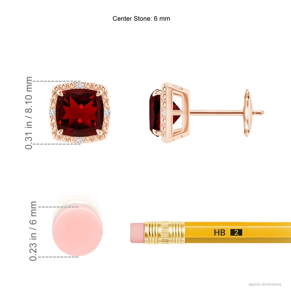 6mm AAAA Claw-Set Cushion Garnet Beaded Halo Stud Earrings in Rose Gold ruler