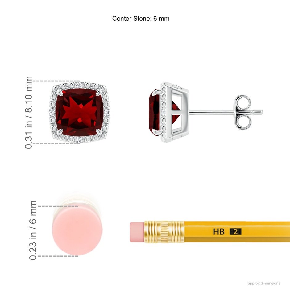 6mm AAAA Claw-Set Cushion Garnet Beaded Halo Stud Earrings in S999 Silver ruler
