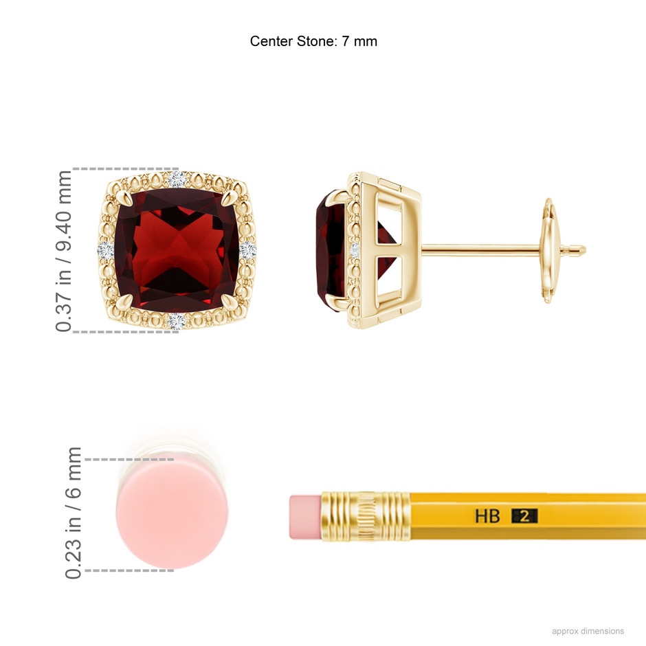 7mm AAA Claw-Set Cushion Garnet Beaded Halo Stud Earrings in Yellow Gold ruler