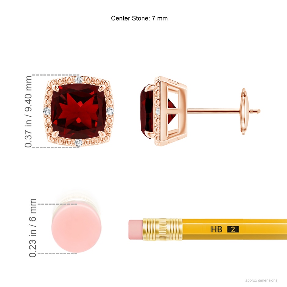 7mm AAAA Claw-Set Cushion Garnet Beaded Halo Stud Earrings in Rose Gold ruler