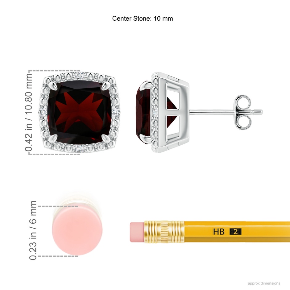 8mm A Claw-Set Cushion Garnet Beaded Halo Stud Earrings in S999 Silver ruler