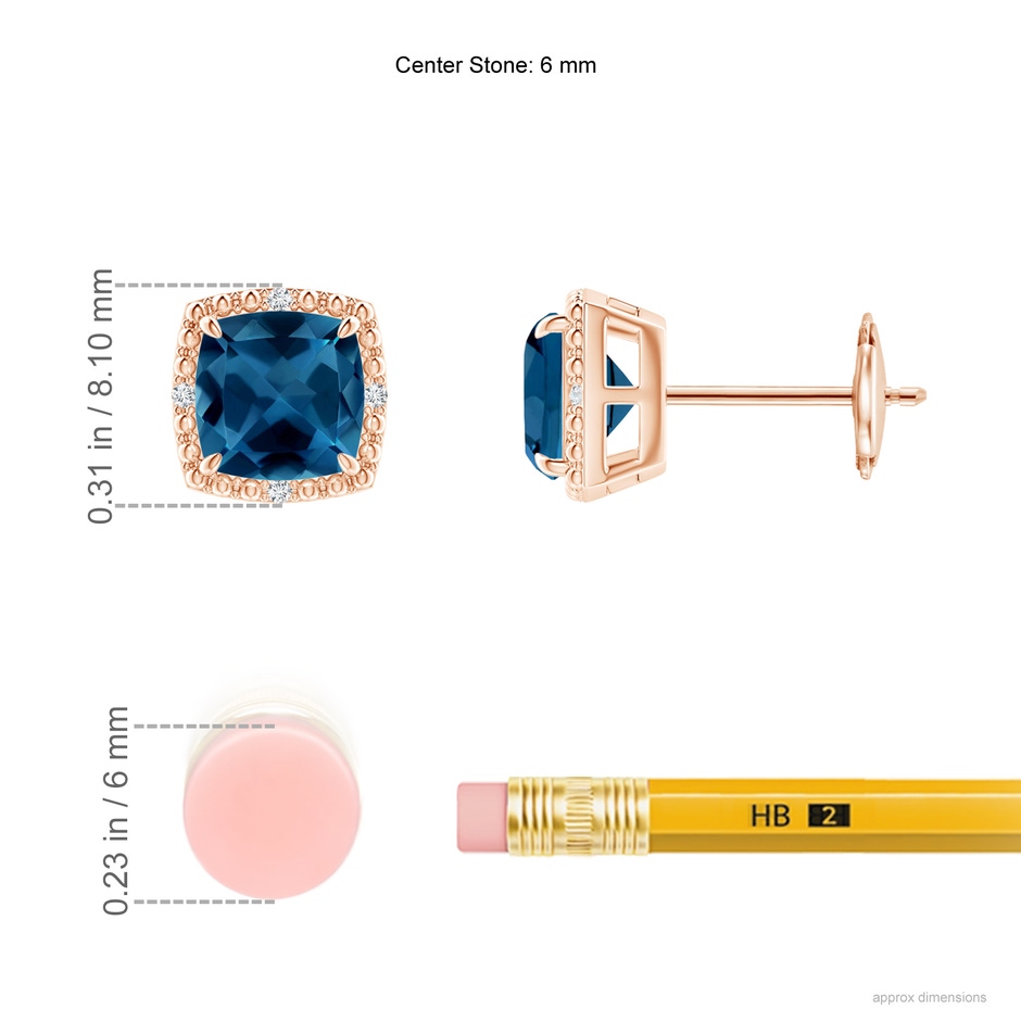 6mm AAA Cushion London Blue Topaz Halo Stud Earrings in 18K Rose Gold ruler