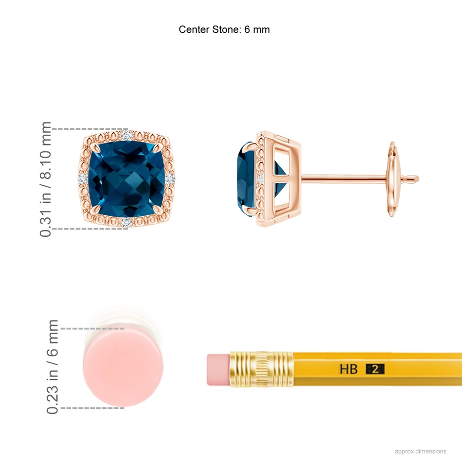 6mm AAAA Cushion London Blue Topaz Halo Stud Earrings in 18K Rose Gold ruler