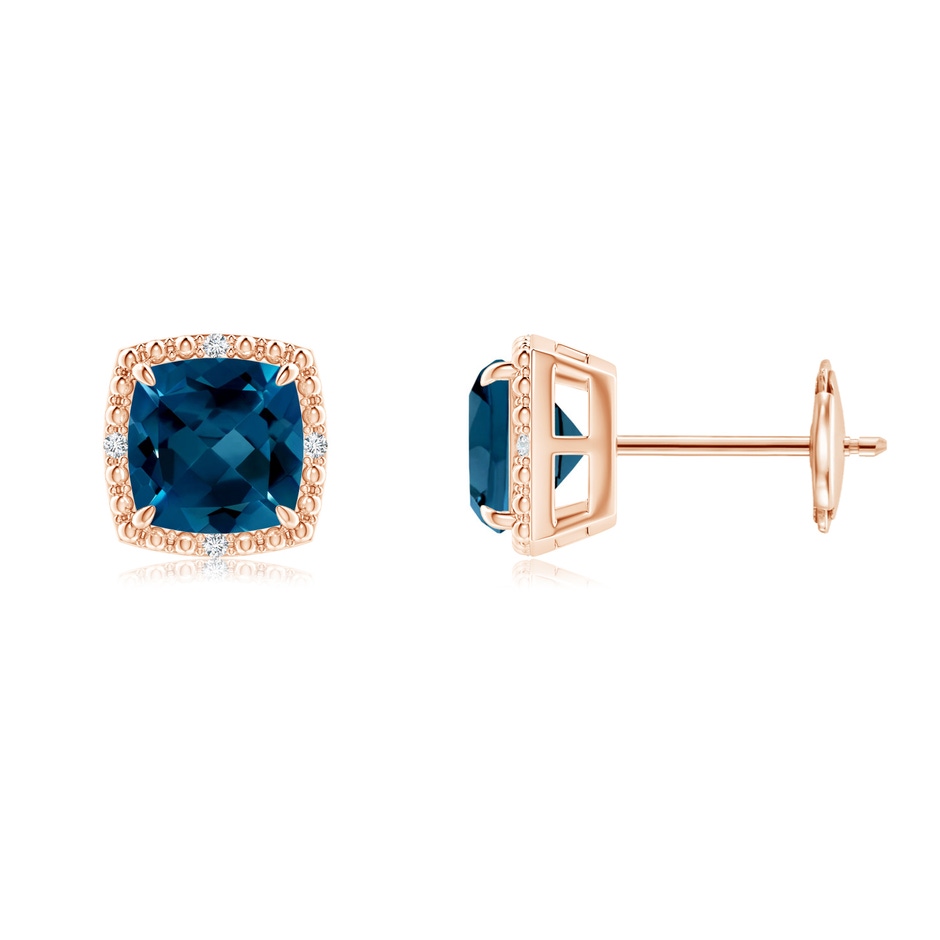 6mm AAAA Cushion London Blue Topaz Halo Stud Earrings in Rose Gold 