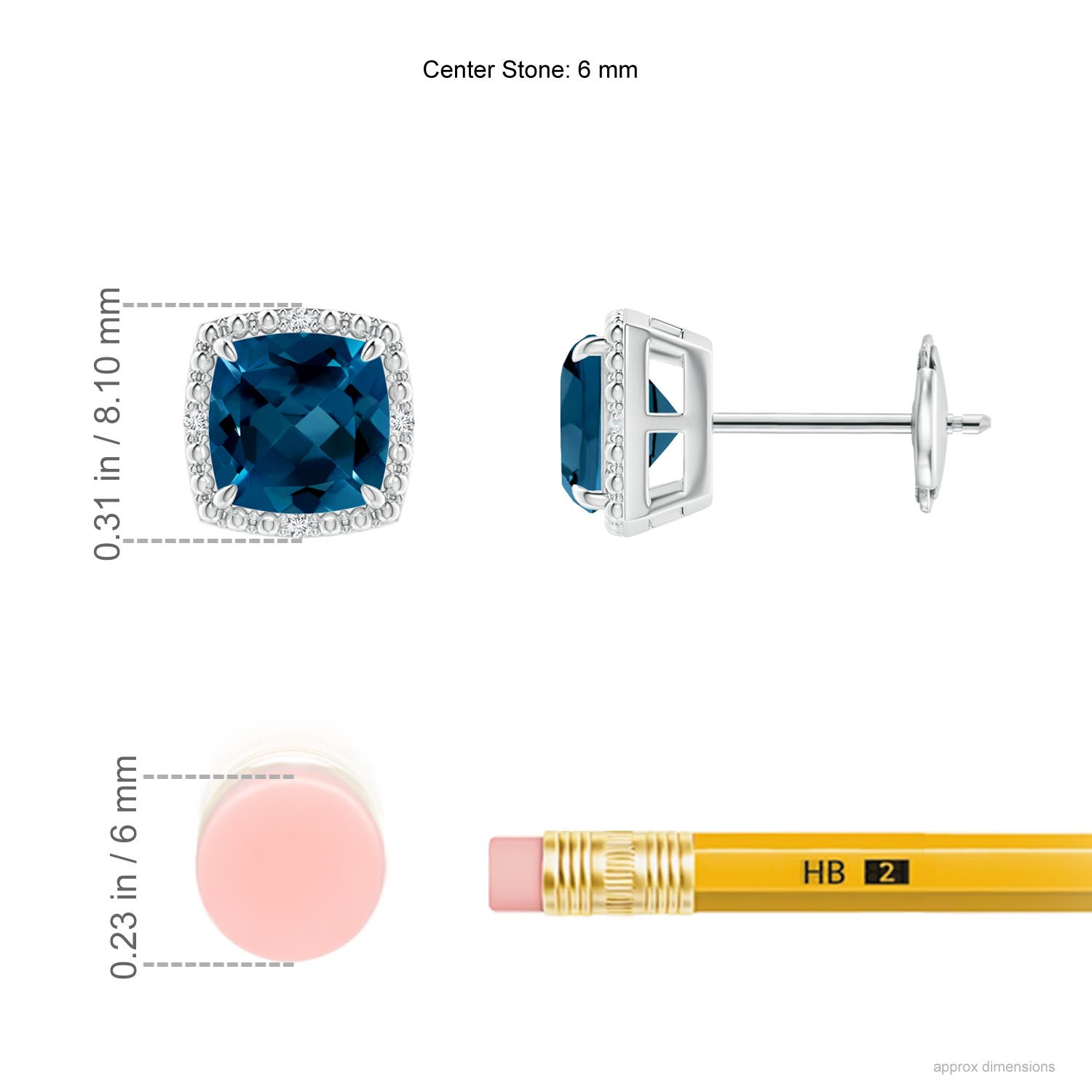 6mm AAAA Cushion London Blue Topaz Halo Stud Earrings in White Gold - ruler
