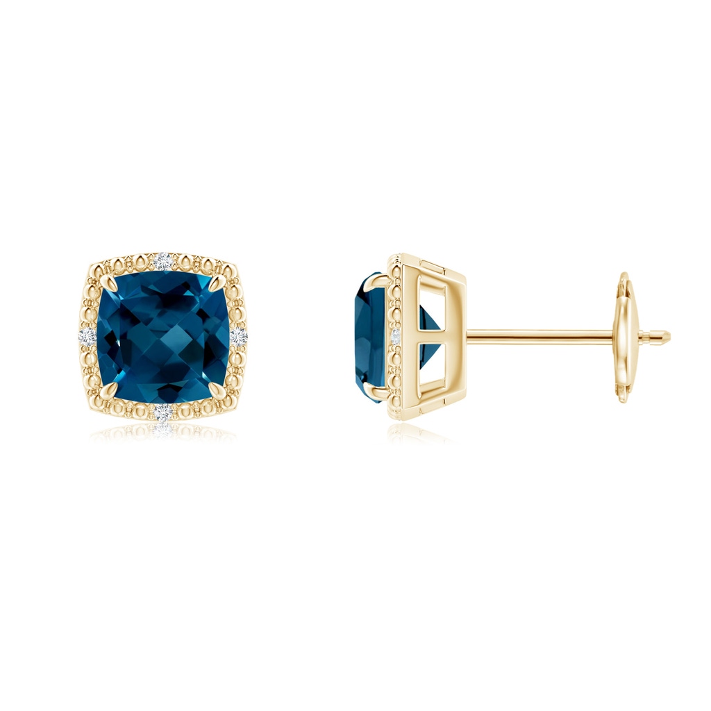 6mm AAAA Cushion London Blue Topaz Halo Stud Earrings in Yellow Gold