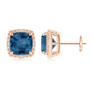 8mm AA Cushion London Blue Topaz Halo Stud Earrings in 18K Rose Gold