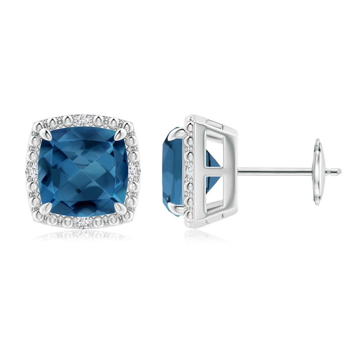 8mm AA Cushion London Blue Topaz Halo Stud Earrings in 18CT White Gold