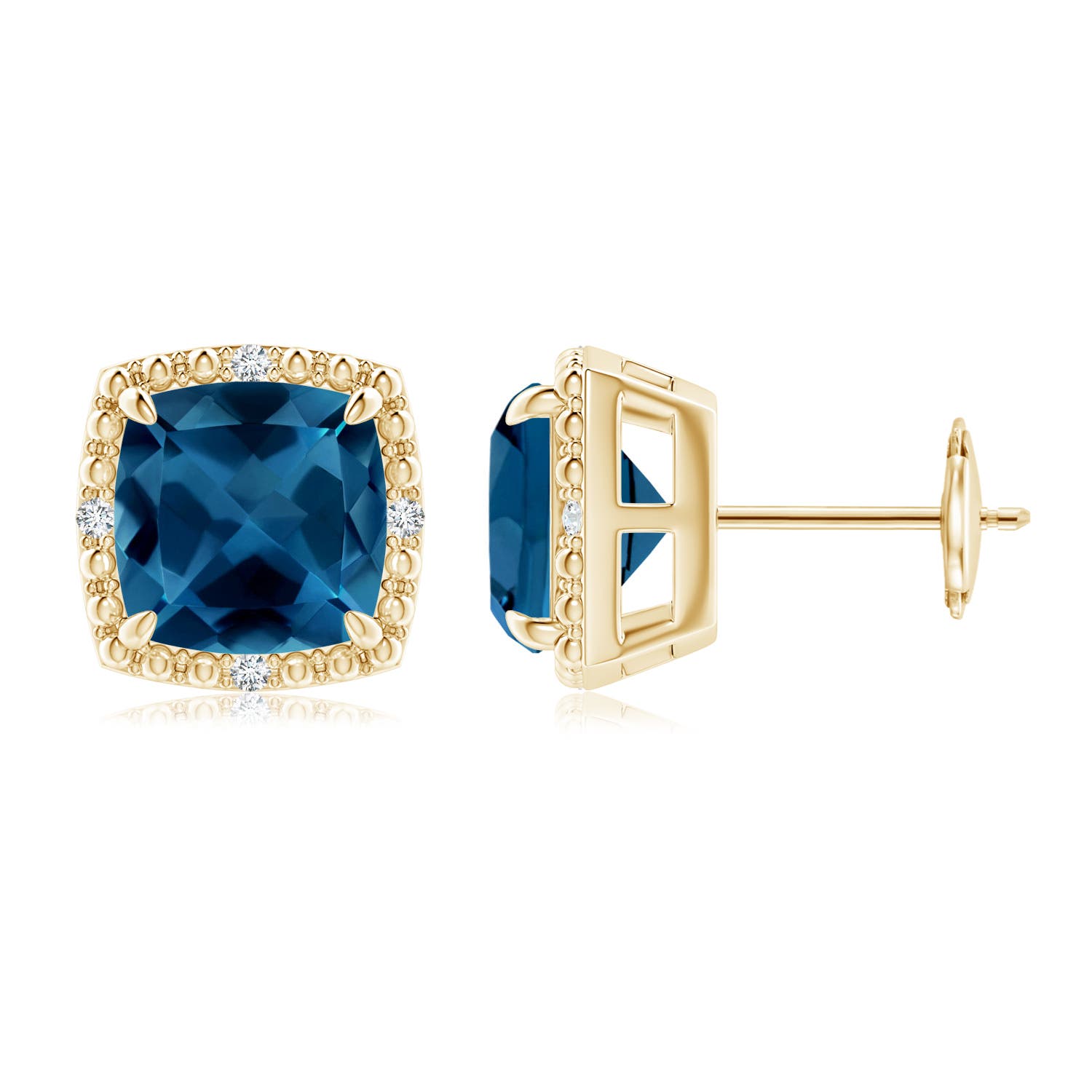 8mm AAA Cushion London Blue Topaz Halo Stud Earrings in 18K Yellow Gold