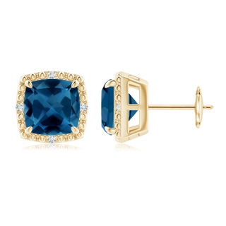 8mm AAA Cushion London Blue Topaz Halo Stud Earrings in Yellow Gold