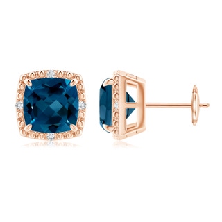 8mm AAAA Cushion London Blue Topaz Halo Stud Earrings in 18K Rose Gold