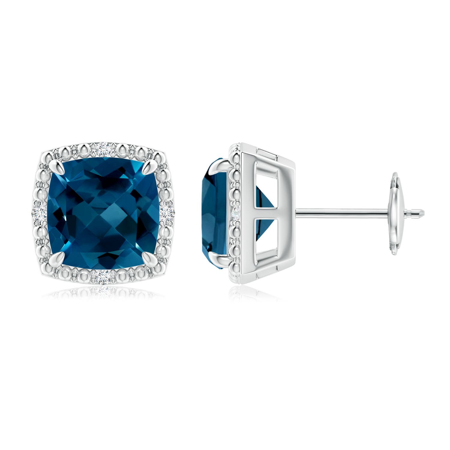 8mm AAAA Cushion London Blue Topaz Halo Stud Earrings in 18K White Gold